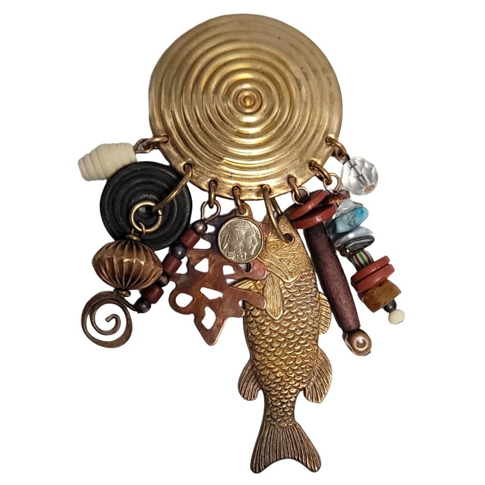 Marjorie Baer Brass Round Spiral, Multi Charm, Fish, Bead, Stone Dangle Brooch - Picture 7 of 8